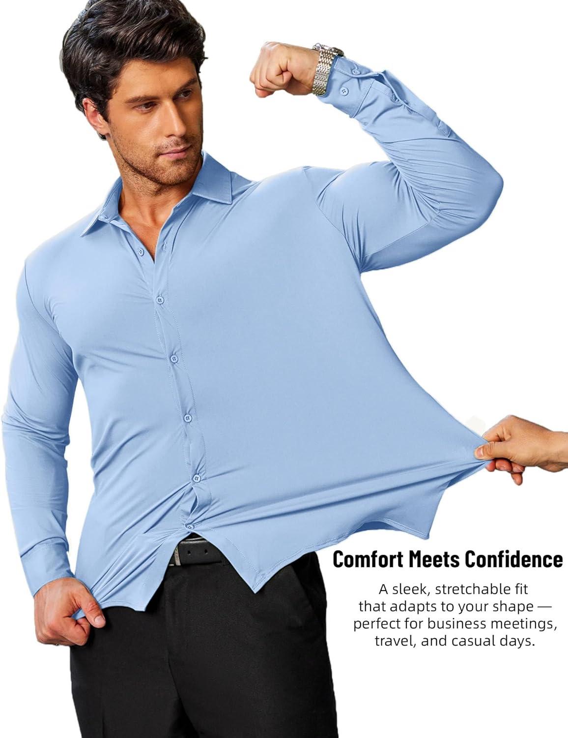imageCOOFANDY Mens Stretch Dress Shirts Muscle Fit Wrinkle Free Long Sleeve Button Down Shirt Business Casual ShirtsLight Blue