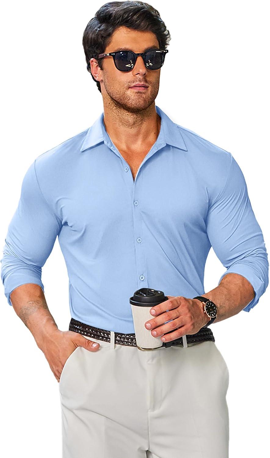 imageCOOFANDY Mens Stretch Dress Shirts Muscle Fit Wrinkle Free Long Sleeve Button Down Shirt Business Casual ShirtsLight Blue