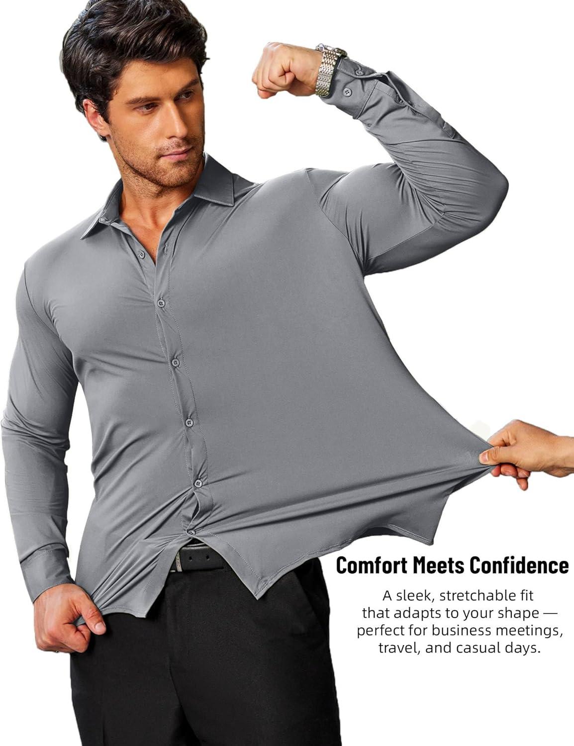 imageCOOFANDY Mens Stretch Dress Shirts Muscle Fit Wrinkle Free Long Sleeve Button Down Shirt Business Casual ShirtsLight Grey
