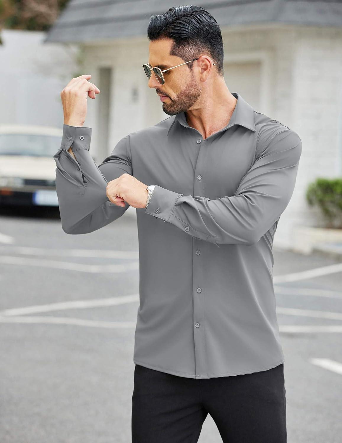 imageCOOFANDY Mens Stretch Dress Shirts Muscle Fit Wrinkle Free Long Sleeve Button Down Shirt Business Casual ShirtsLight Grey