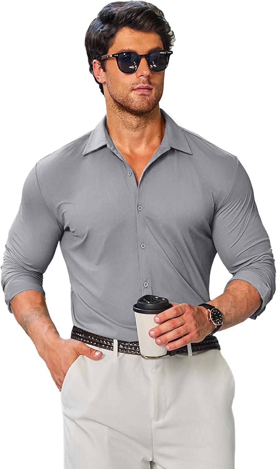 imageCOOFANDY Mens Stretch Dress Shirts Muscle Fit Wrinkle Free Long Sleeve Button Down Shirt Business Casual ShirtsLight Grey