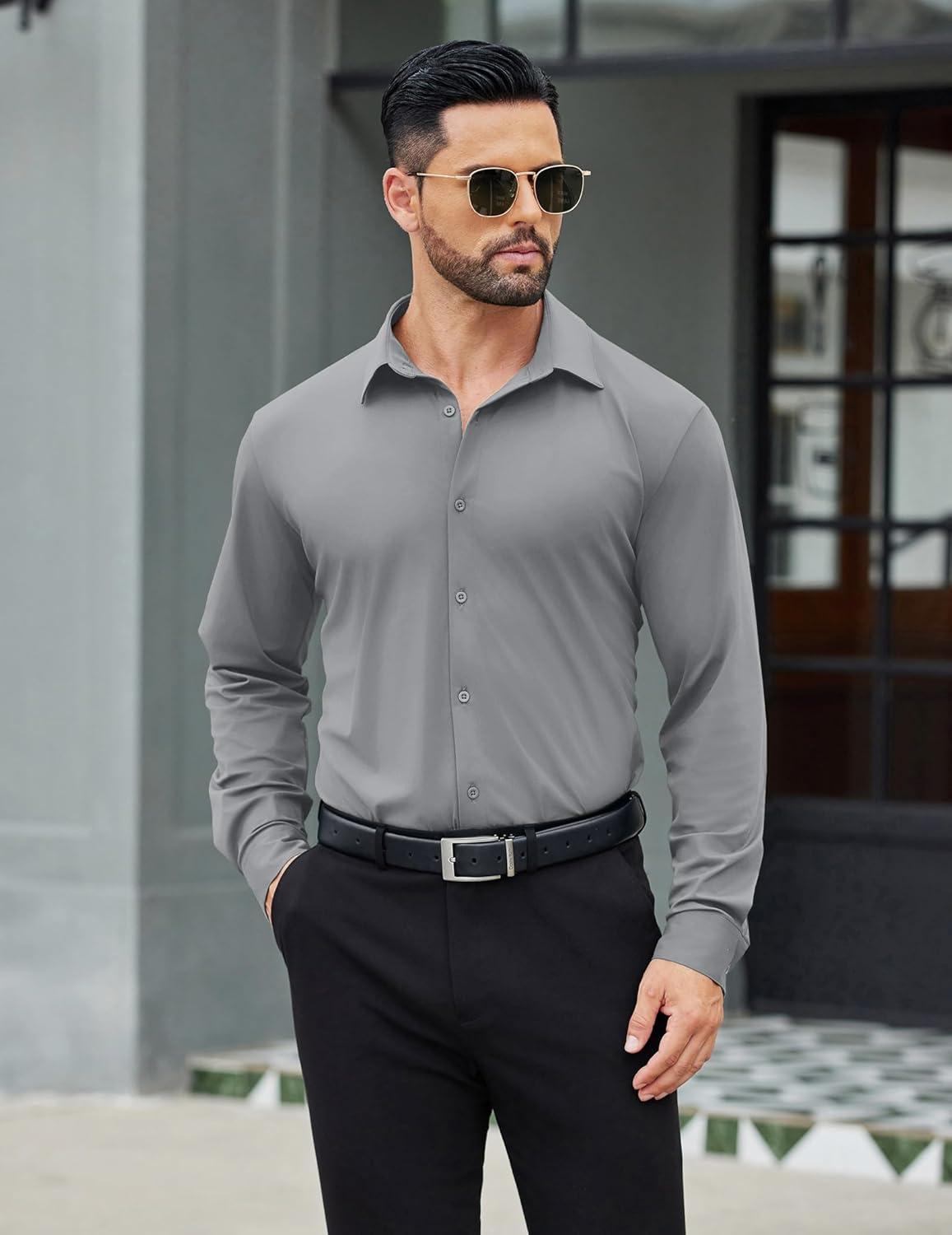 imageCOOFANDY Mens Stretch Dress Shirts Muscle Fit Wrinkle Free Long Sleeve Button Down Shirt Business Casual ShirtsLight Grey