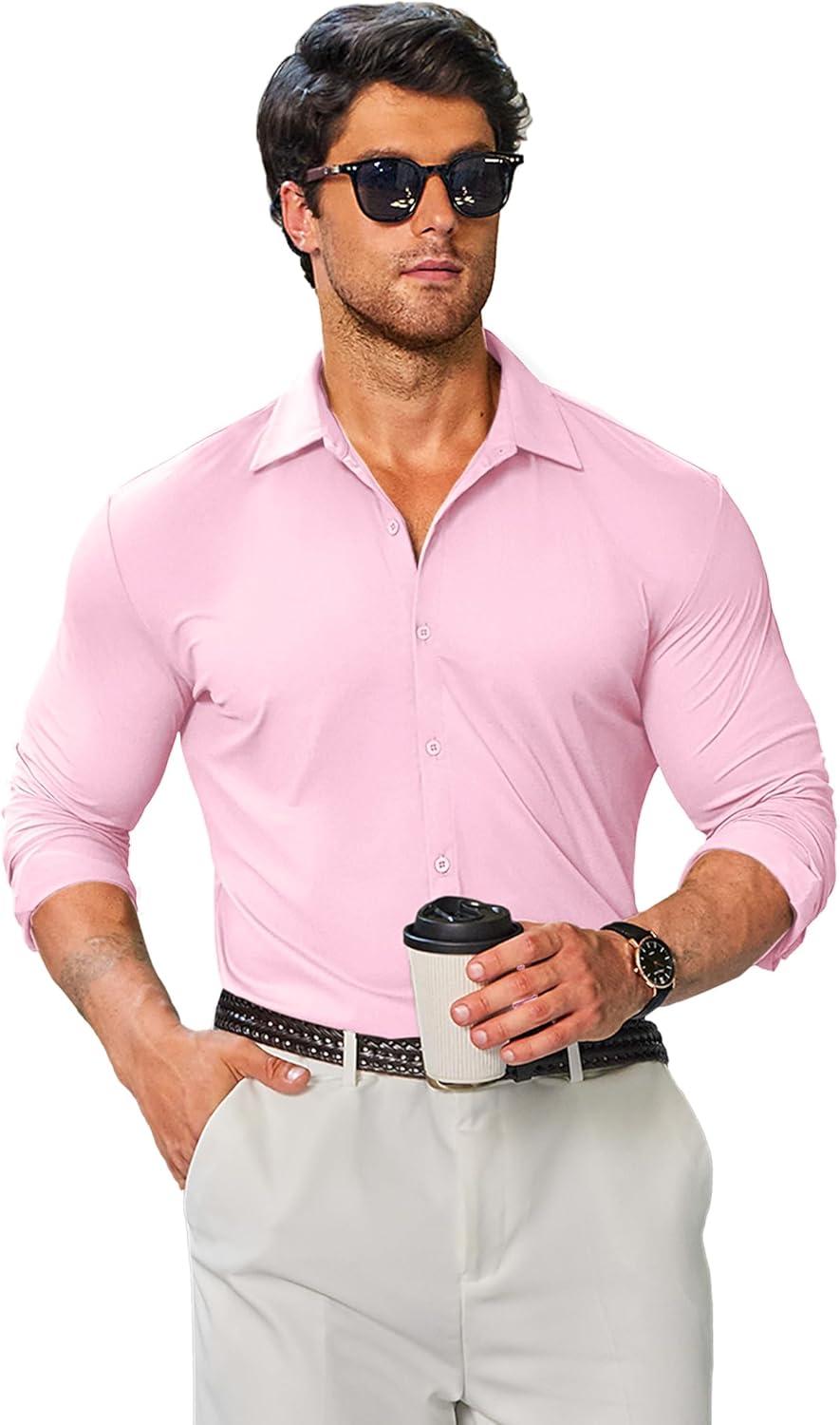 imageCOOFANDY Mens Stretch Dress Shirts Muscle Fit Wrinkle Free Long Sleeve Button Down Shirt Business Casual ShirtsLight Pink