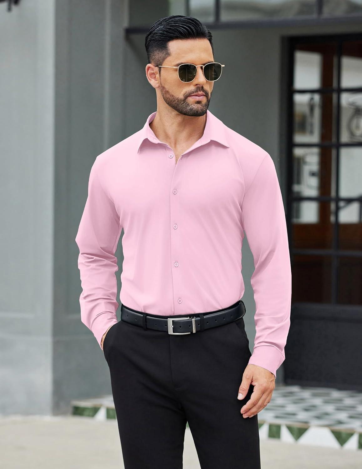 imageCOOFANDY Mens Stretch Dress Shirts Muscle Fit Wrinkle Free Long Sleeve Button Down Shirt Business Casual ShirtsLight Pink