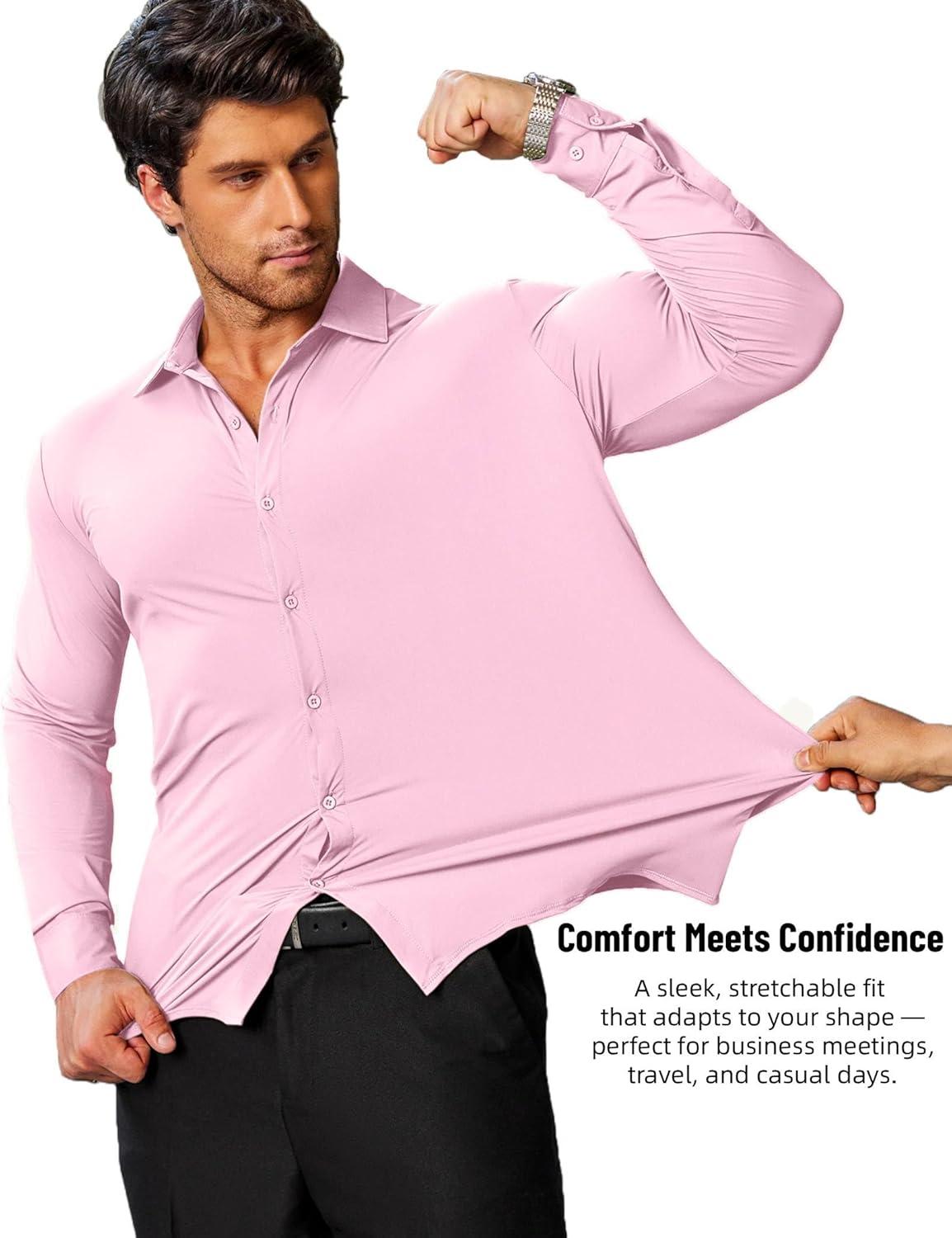 imageCOOFANDY Mens Stretch Dress Shirts Muscle Fit Wrinkle Free Long Sleeve Button Down Shirt Business Casual ShirtsLight Pink