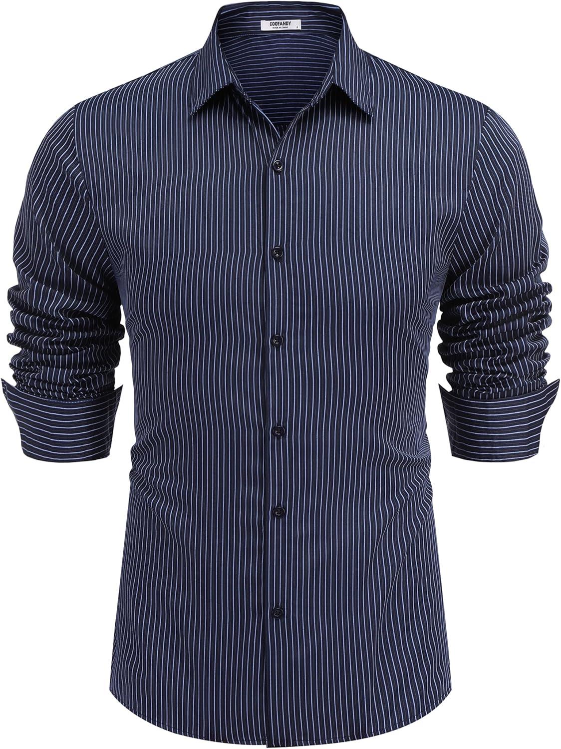 imageCOOFANDY Mens Stretch Dress Shirts Muscle Fit Wrinkle Free Long Sleeve Button Down Shirt Business Casual ShirtsNavy  White Stripes