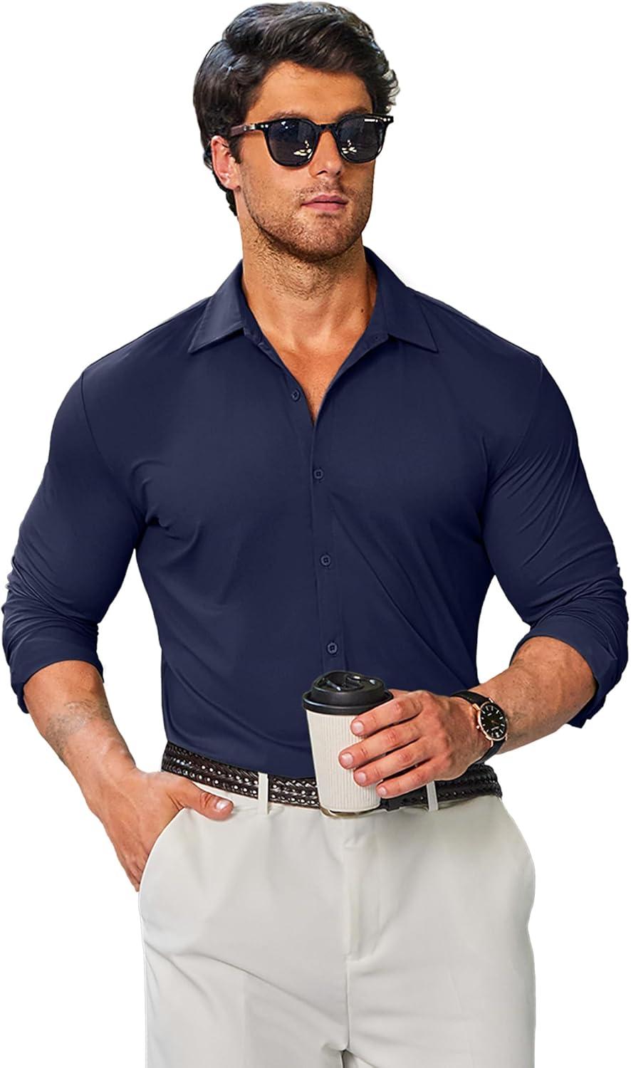 imageCOOFANDY Mens Stretch Dress Shirts Muscle Fit Wrinkle Free Long Sleeve Button Down Shirt Business Casual ShirtsNavy Blue