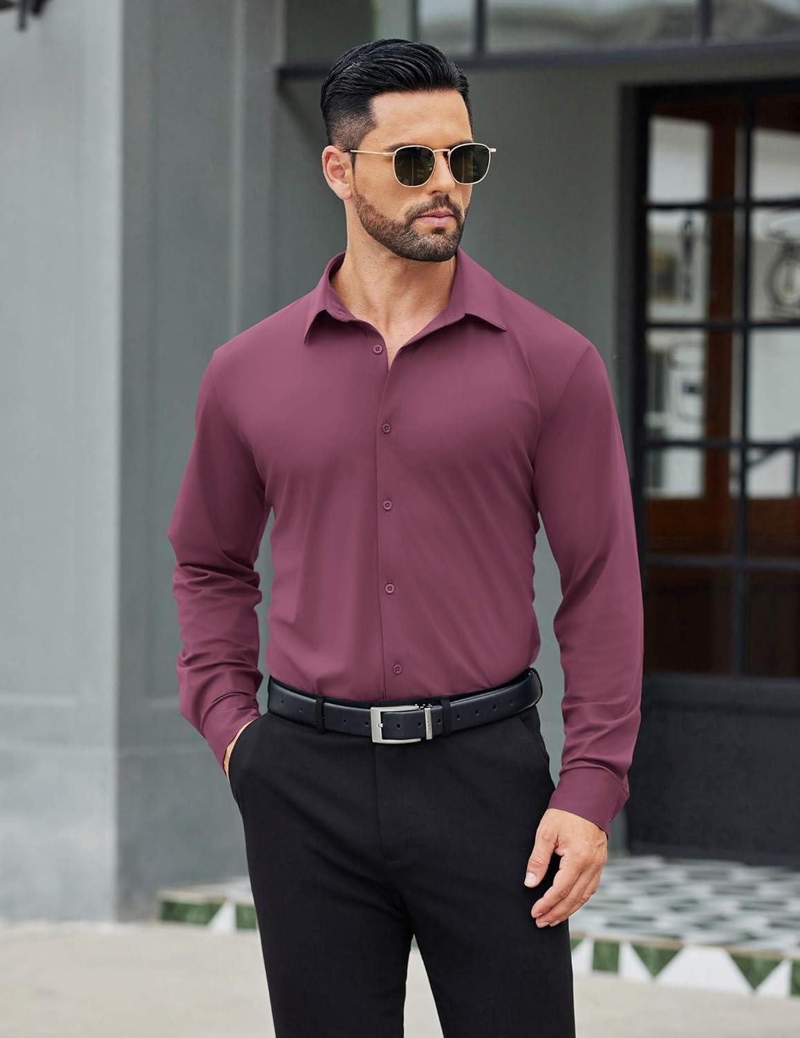 imageCOOFANDY Mens Stretch Dress Shirts Muscle Fit Wrinkle Free Long Sleeve Button Down Shirt Business Casual ShirtsPurple