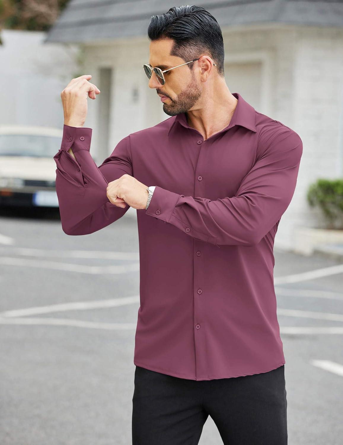 imageCOOFANDY Mens Stretch Dress Shirts Muscle Fit Wrinkle Free Long Sleeve Button Down Shirt Business Casual ShirtsPurple
