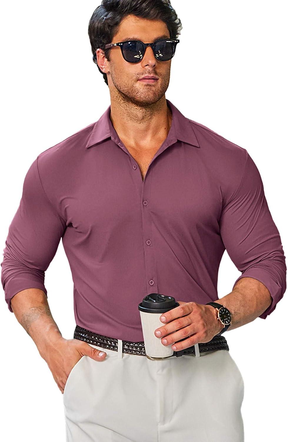 imageCOOFANDY Mens Stretch Dress Shirts Muscle Fit Wrinkle Free Long Sleeve Button Down Shirt Business Casual ShirtsPurple