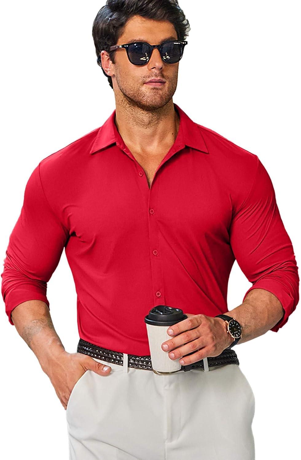 imageCOOFANDY Mens Stretch Dress Shirts Muscle Fit Wrinkle Free Long Sleeve Button Down Shirt Business Casual ShirtsRed