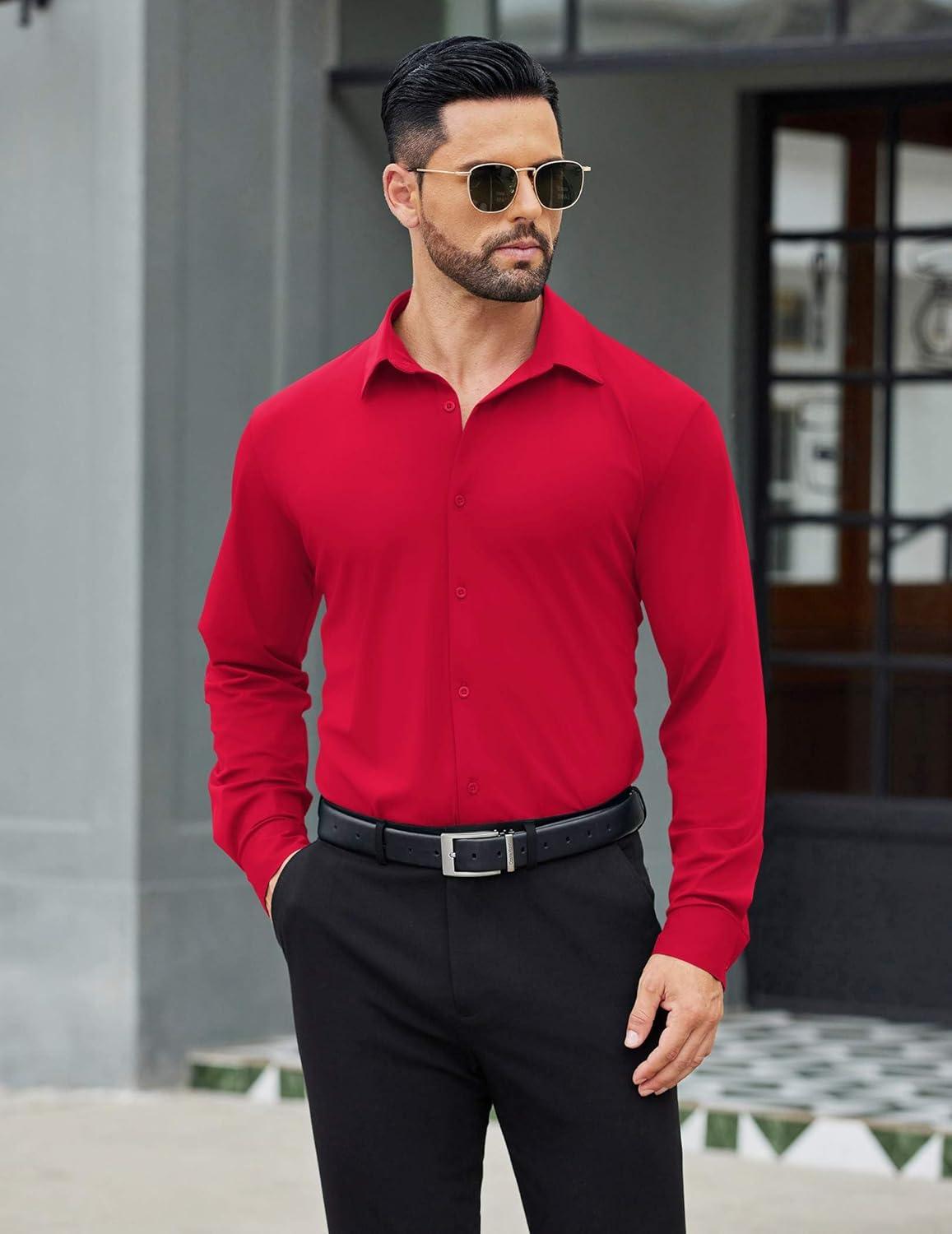 imageCOOFANDY Mens Stretch Dress Shirts Muscle Fit Wrinkle Free Long Sleeve Button Down Shirt Business Casual ShirtsRed