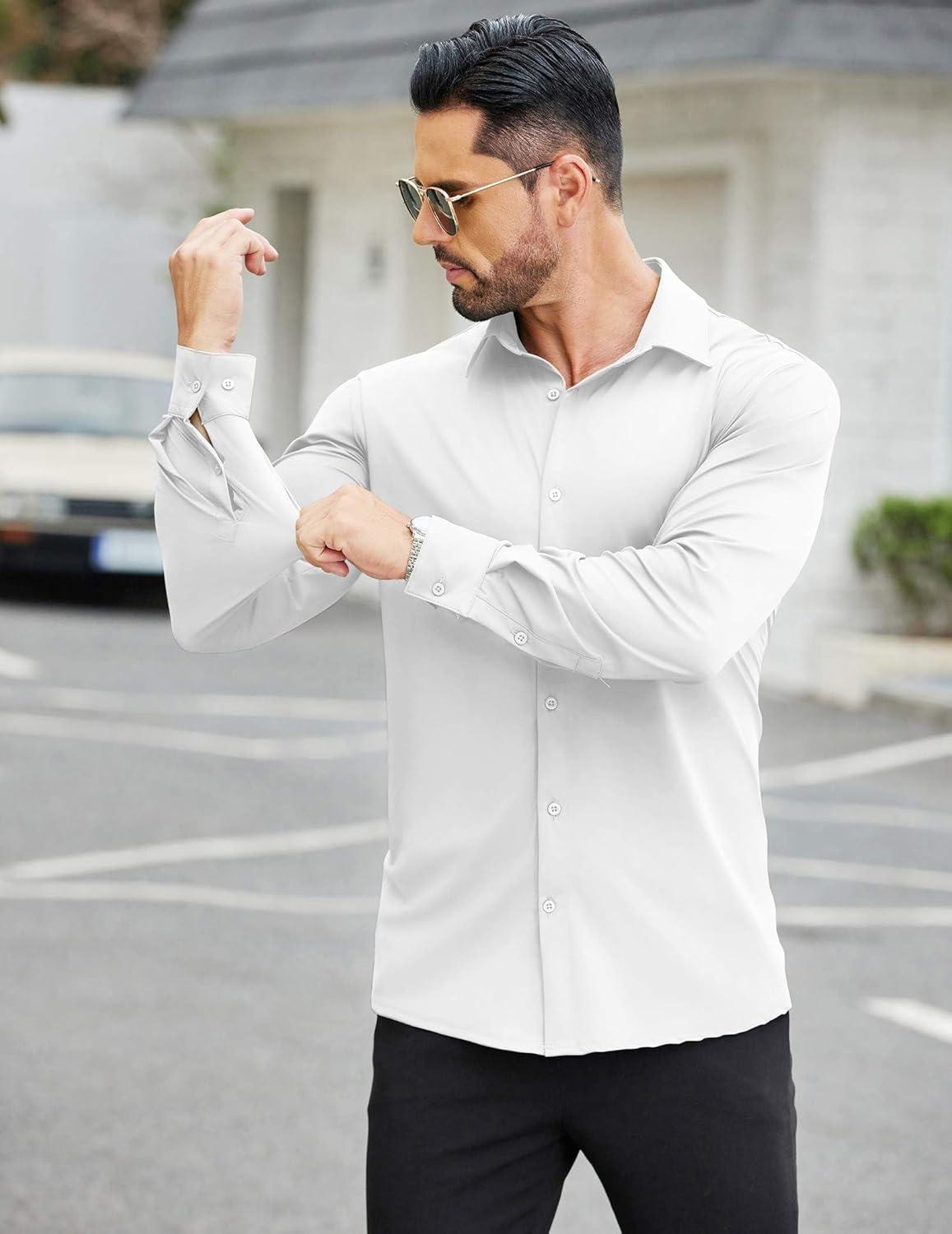 imageCOOFANDY Mens Stretch Dress Shirts Muscle Fit Wrinkle Free Long Sleeve Button Down Shirt Business Casual ShirtsWhite