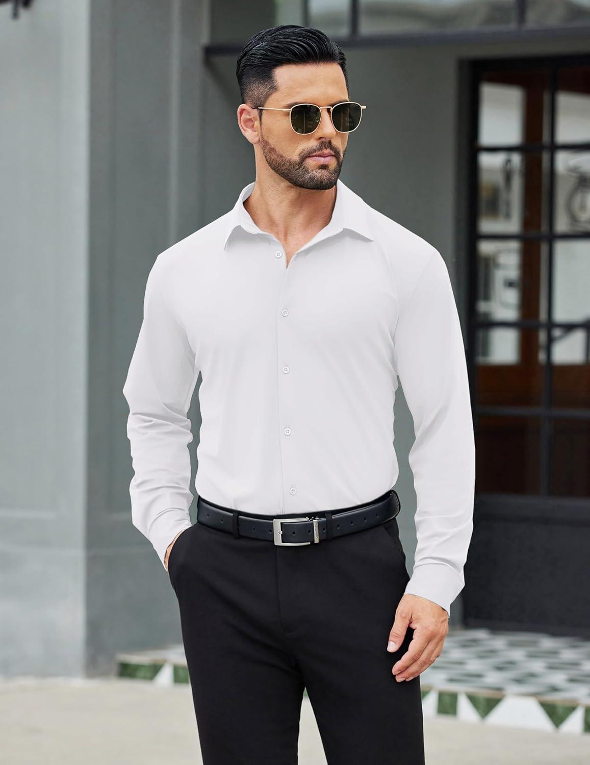imageCOOFANDY Mens Stretch Dress Shirts Muscle Fit Wrinkle Free Long Sleeve Button Down Shirt Business Casual ShirtsWhite