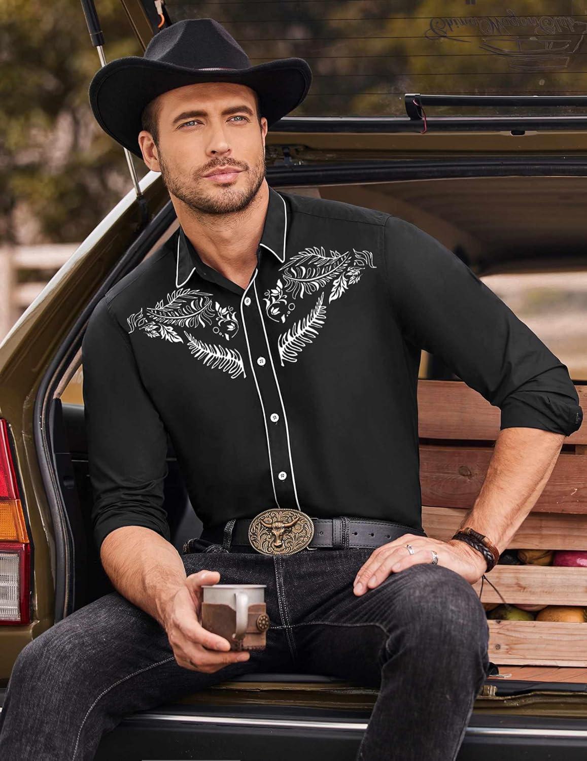imageCOOFANDY Mens Western Cowboy Shirts Long Sleeve Embroidered Shirt Slim Fit Casual Button Down ShirtsBlack Leaf