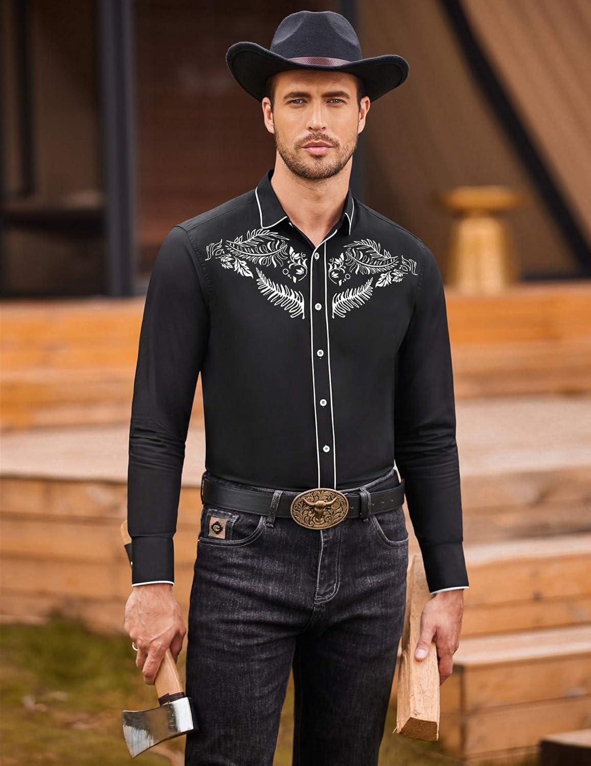 imageCOOFANDY Mens Western Cowboy Shirts Long Sleeve Embroidered Shirt Slim Fit Casual Button Down ShirtsBlack Leaf
