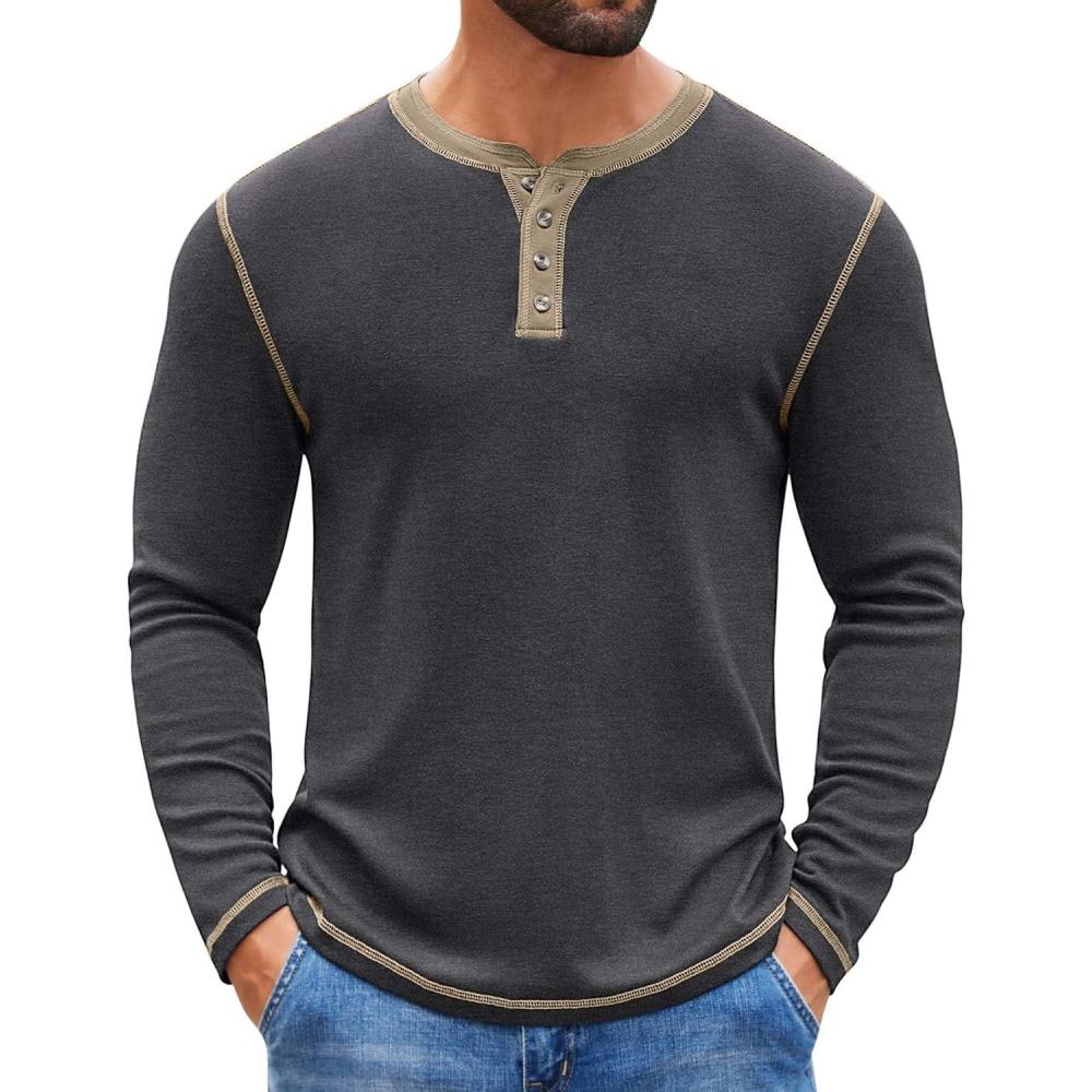 imageCOOFANDY Mens Henley Shirts Long Sleeve Button TShirt Fashion Casual Pullover Shirts Soft Stretch Tees TopsDark Grey