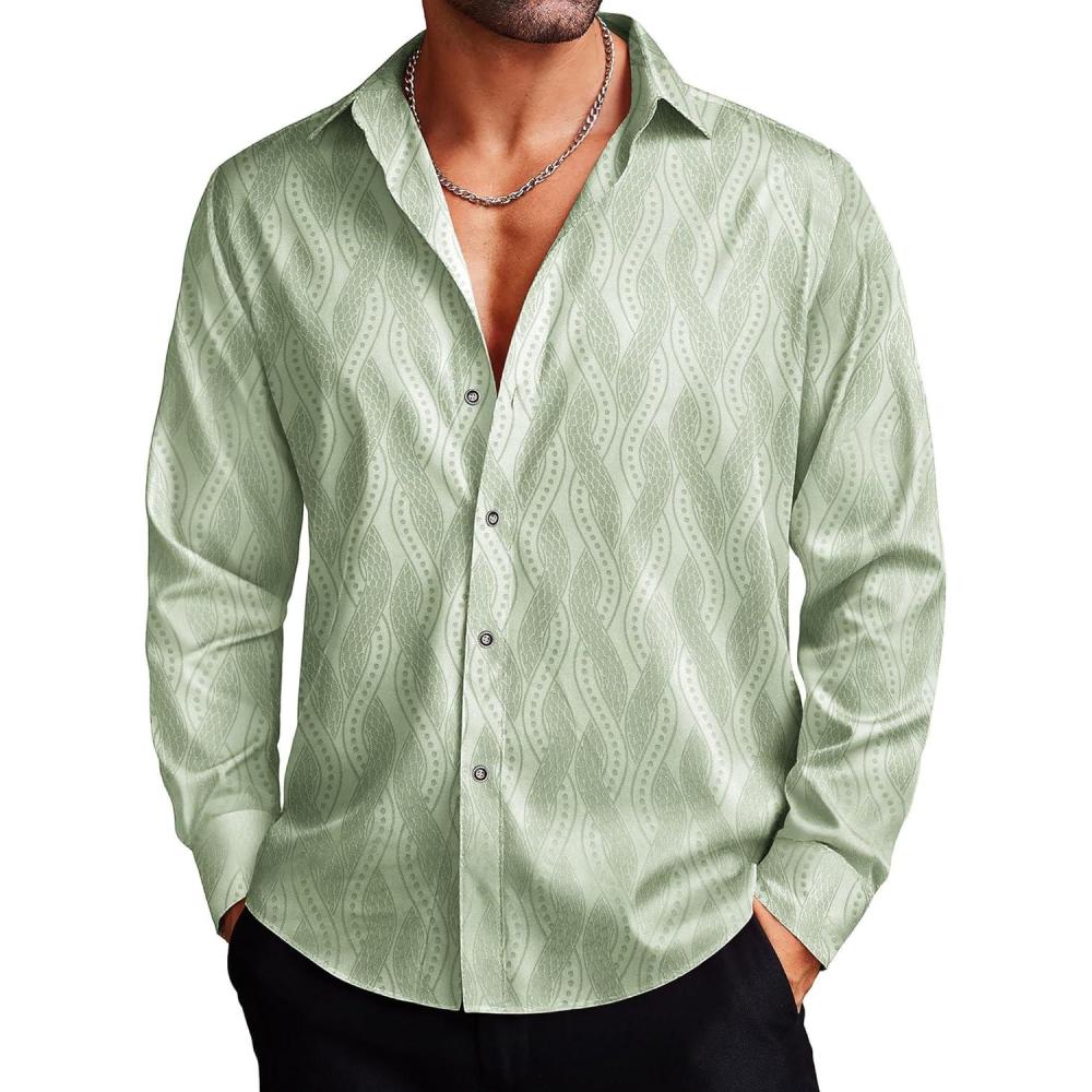 imageCOOFANDY Mens Silk Satin Dress Shirts Jacquard Long Sleeve Floral Button Up Shirts Party Prom Wedding ShirtGreen Twist