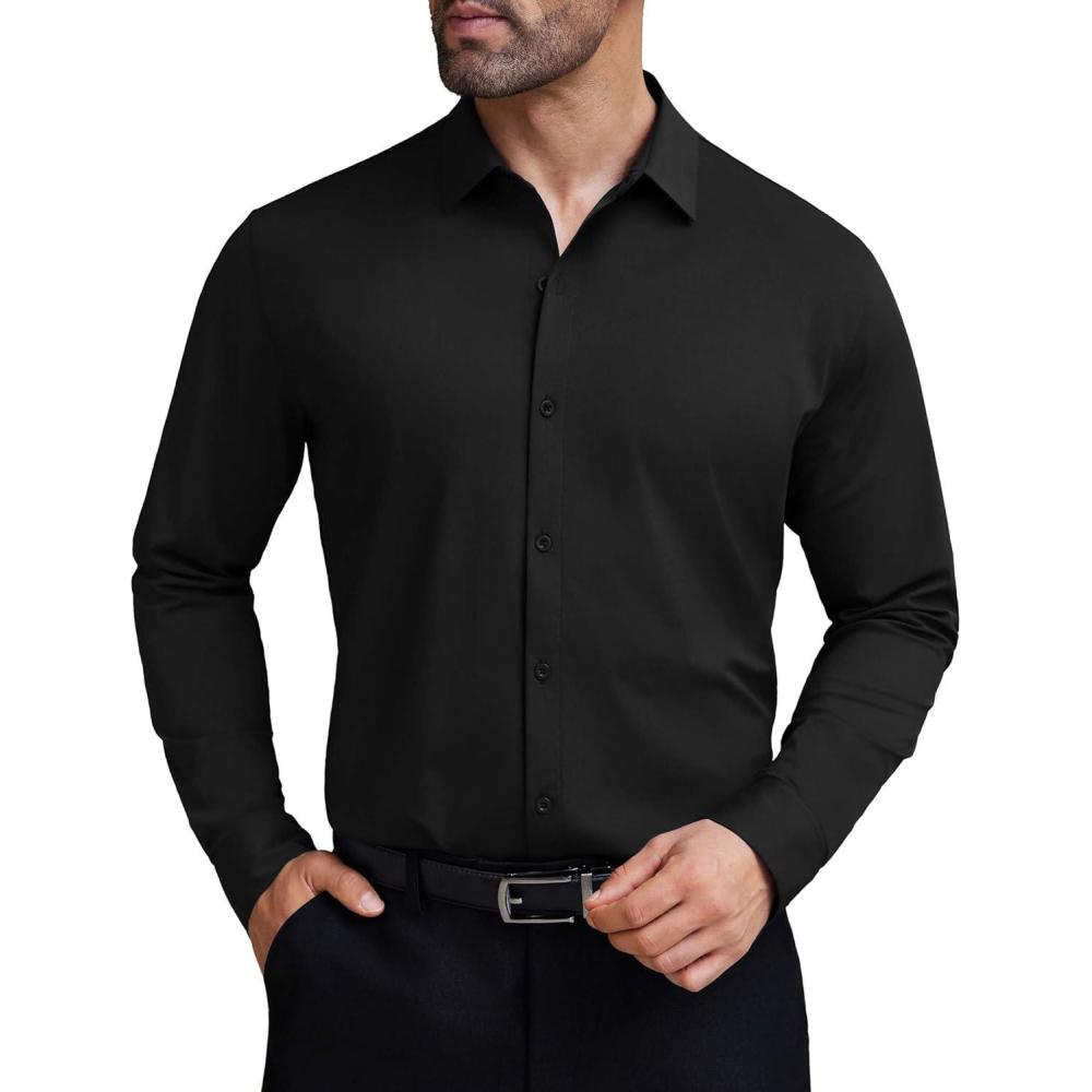 imageCOOFANDY Mens Stretch Dress Shirts Muscle Fit Wrinkle Free Long Sleeve Button Down Shirt Business Casual ShirtsBlack