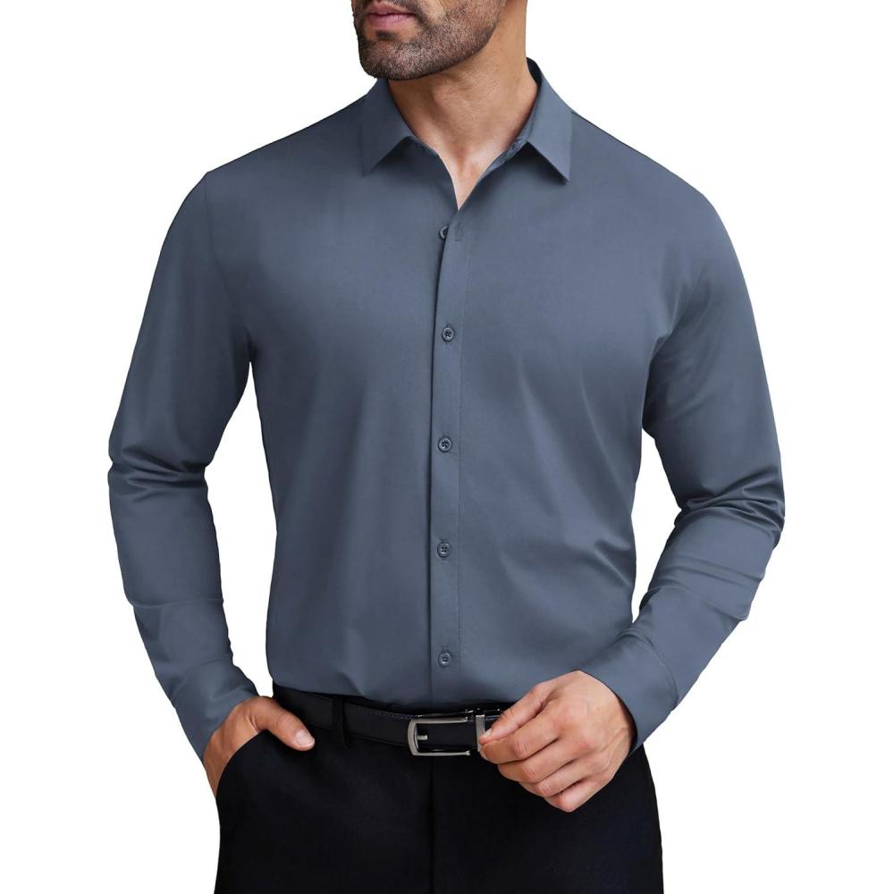 imageCOOFANDY Mens Stretch Dress Shirts Muscle Fit Wrinkle Free Long Sleeve Button Down Shirt Business Casual ShirtsBlue