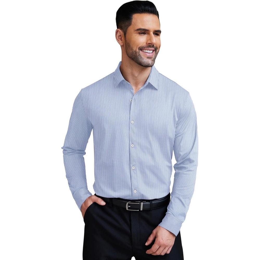 imageCOOFANDY Mens Stretch Dress Shirts Muscle Fit Wrinkle Free Long Sleeve Button Down Shirt Business Casual ShirtsBlue Stripes