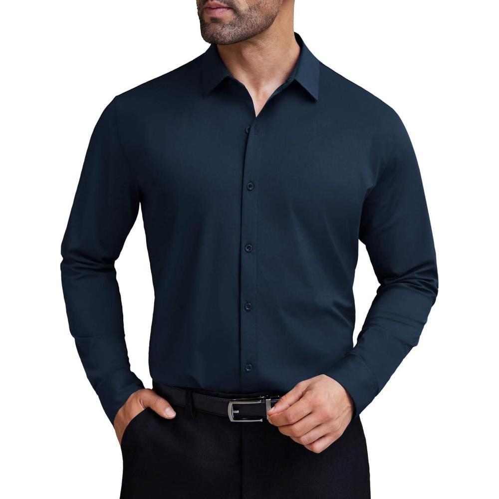 imageCOOFANDY Mens Stretch Dress Shirts Muscle Fit Wrinkle Free Long Sleeve Button Down Shirt Business Casual ShirtsDeep Blue