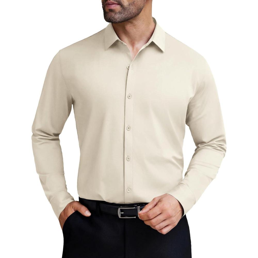 imageCOOFANDY Mens Stretch Dress Shirts Muscle Fit Wrinkle Free Long Sleeve Button Down Shirt Business Casual ShirtsKhaki