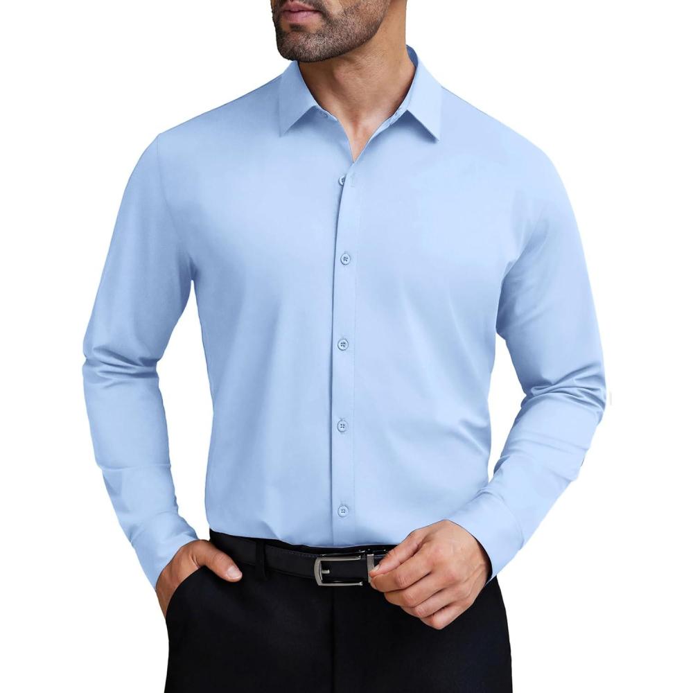 imageCOOFANDY Mens Stretch Dress Shirts Muscle Fit Wrinkle Free Long Sleeve Button Down Shirt Business Casual ShirtsLight Blue
