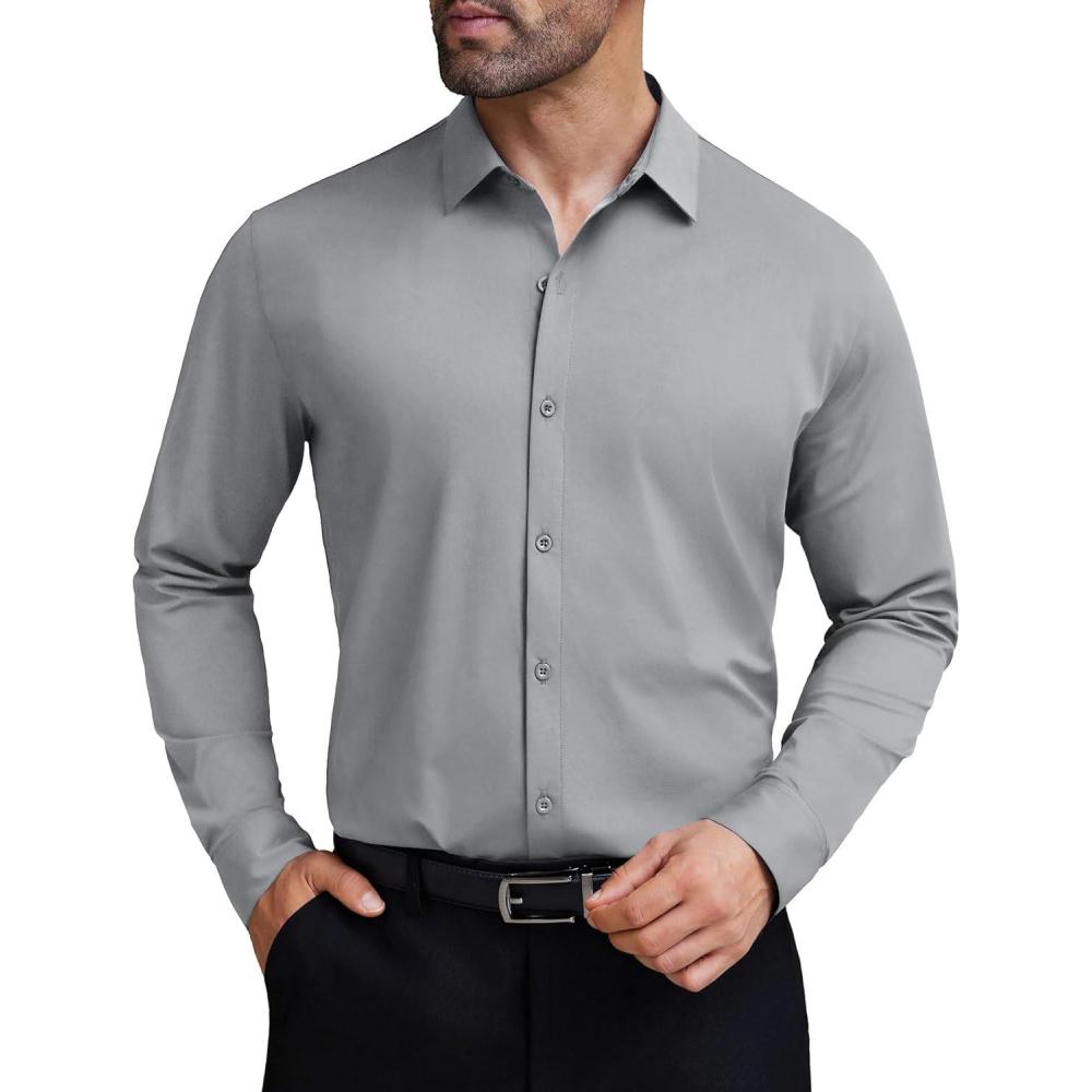 imageCOOFANDY Mens Stretch Dress Shirts Muscle Fit Wrinkle Free Long Sleeve Button Down Shirt Business Casual ShirtsLight Grey