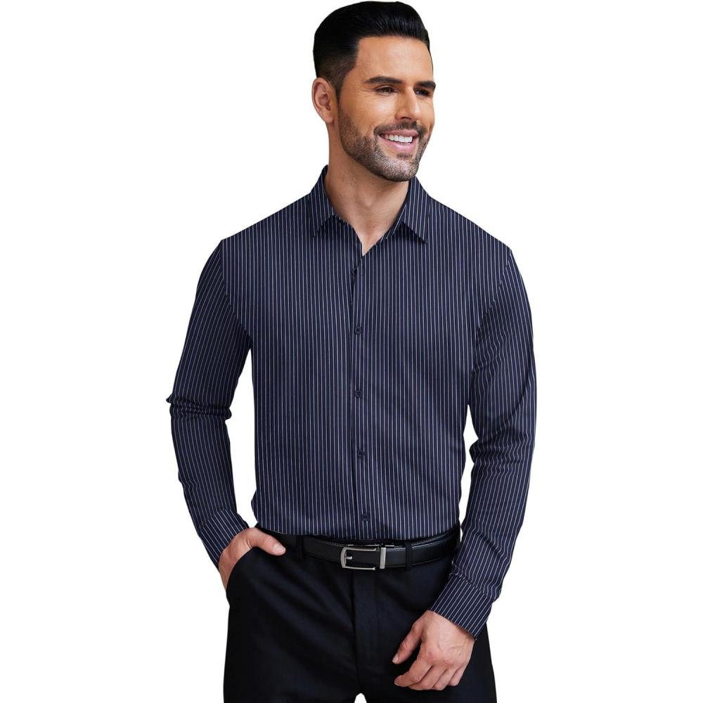 imageCOOFANDY Mens Stretch Dress Shirts Muscle Fit Wrinkle Free Long Sleeve Button Down Shirt Business Casual ShirtsNavy  White Stripes