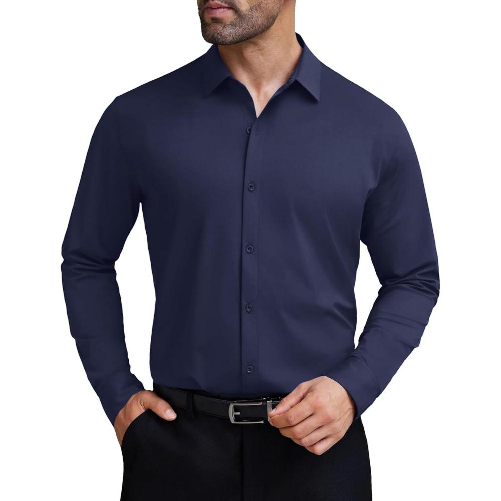 imageCOOFANDY Mens Stretch Dress Shirts Muscle Fit Wrinkle Free Long Sleeve Button Down Shirt Business Casual ShirtsNavy Blue