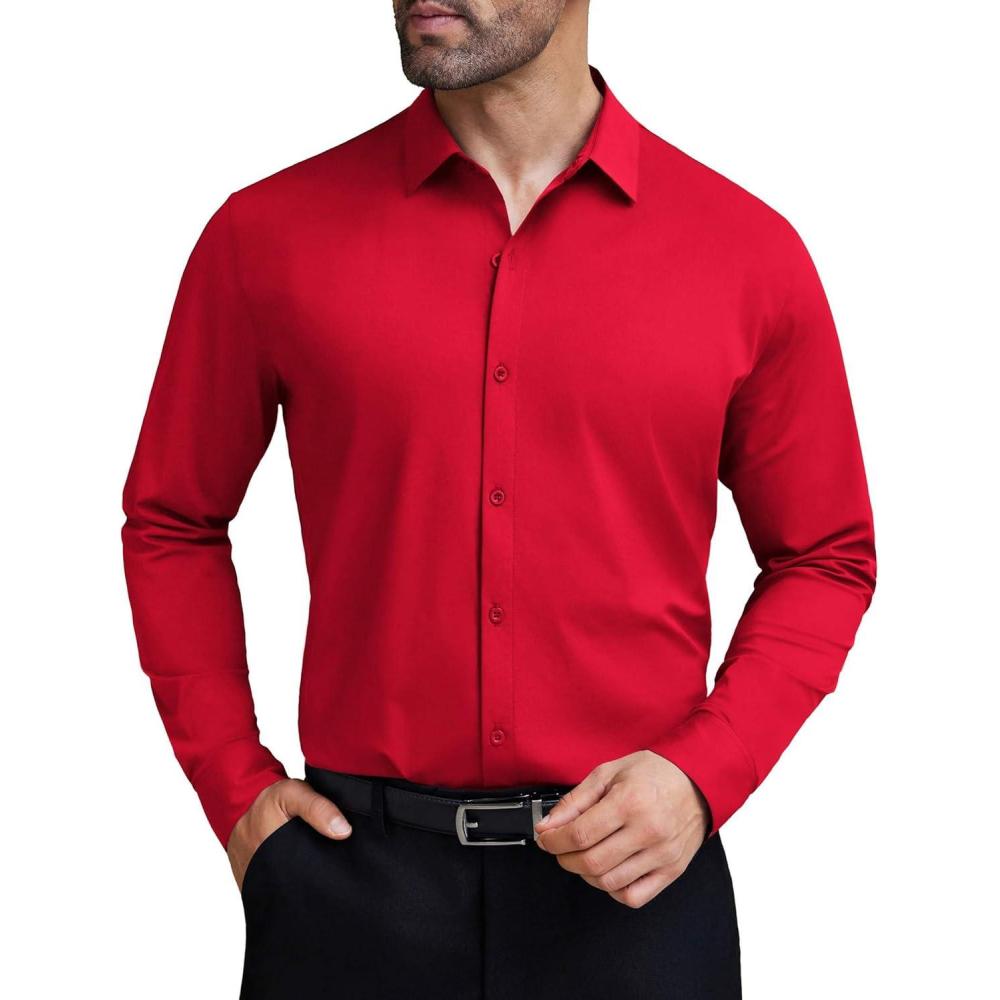 imageCOOFANDY Mens Stretch Dress Shirts Muscle Fit Wrinkle Free Long Sleeve Button Down Shirt Business Casual ShirtsRed
