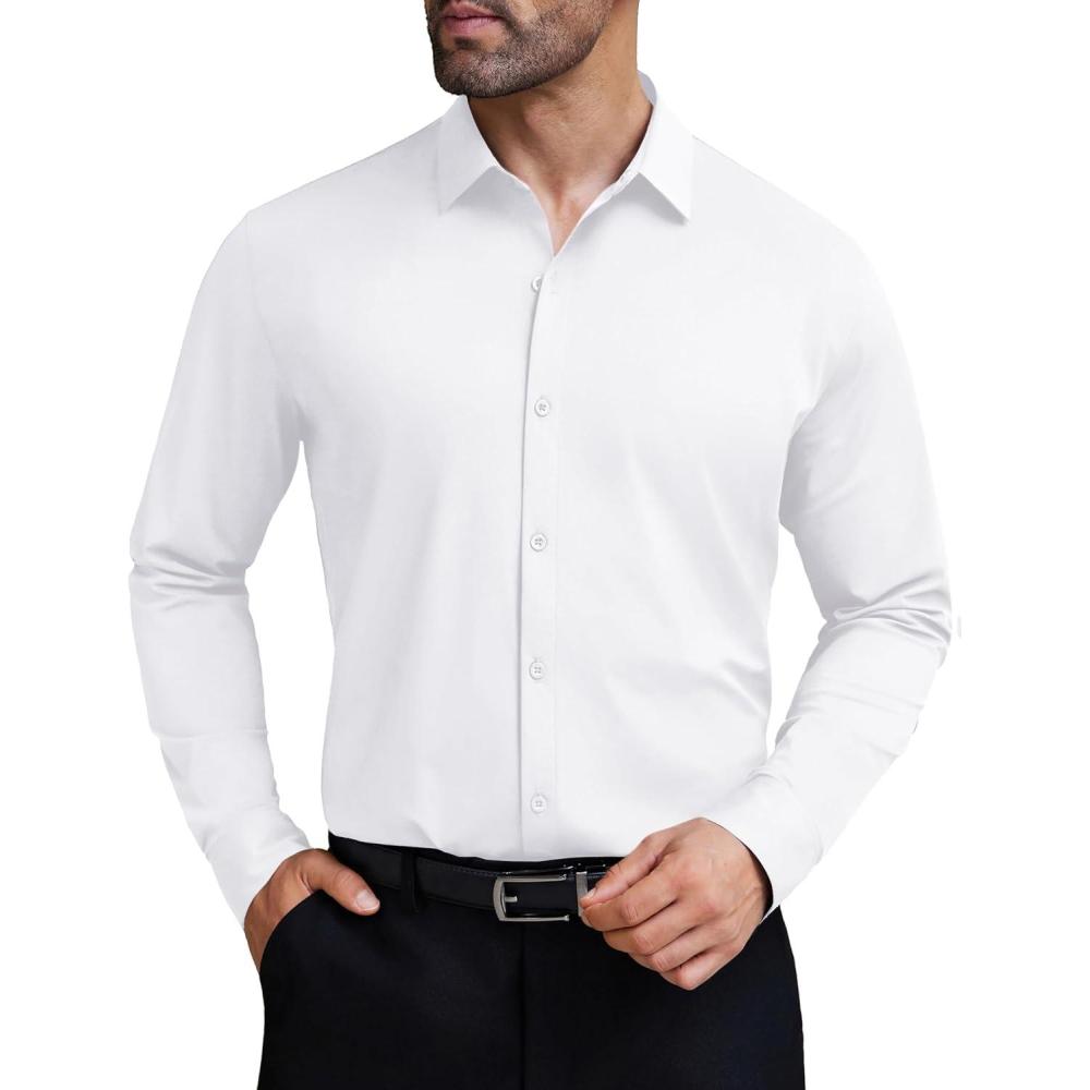 imageCOOFANDY Mens Stretch Dress Shirts Muscle Fit Wrinkle Free Long Sleeve Button Down Shirt Business Casual ShirtsWhite