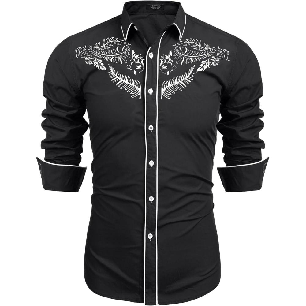 imageCOOFANDY Mens Western Cowboy Shirts Long Sleeve Embroidered Shirt Slim Fit Casual Button Down ShirtsBlack Leaf