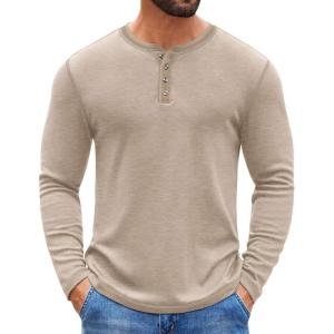 imageCOOFANDY Mens Henley Shirts Long Sleeve Button TShirt Fashion Casual Pullover Shirts Soft Stretch Tees TopsLight Khaki