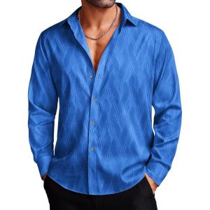 imageCOOFANDY Mens Silk Satin Dress Shirts Jacquard Long Sleeve Floral Button Up Shirts Party Prom Wedding ShirtBlue Twist