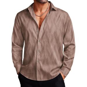 imageCOOFANDY Mens Silk Satin Dress Shirts Jacquard Long Sleeve Floral Button Up Shirts Party Prom Wedding ShirtBrown Twist