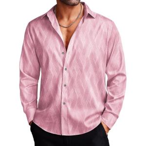 imageCOOFANDY Mens Silk Satin Dress Shirts Jacquard Long Sleeve Floral Button Up Shirts Party Prom Wedding ShirtPink Twist