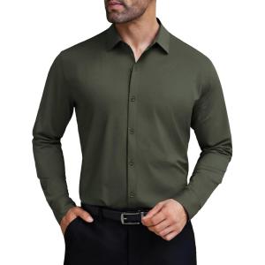 imageCOOFANDY Mens Stretch Dress Shirts Muscle Fit Wrinkle Free Long Sleeve Button Down Shirt Business Casual ShirtsDark Army Green