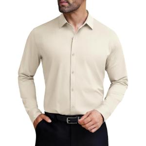 imageCOOFANDY Mens Stretch Dress Shirts Muscle Fit Wrinkle Free Long Sleeve Button Down Shirt Business Casual ShirtsKhaki