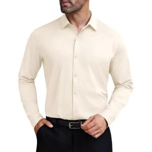 imageCOOFANDY Mens Stretch Dress Shirts Muscle Fit Wrinkle Free Long Sleeve Button Down Shirt Business Casual ShirtsLight Beige