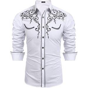 imageCOOFANDY Mens Western Cowboy Shirts Long Sleeve Embroidered Shirt Slim Fit Casual Button Down ShirtsWhite