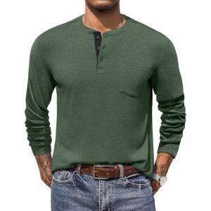 imageCOOFANDY Men Long Sleeve Henley Shirs Casual Basic T Shirts Soild Button Tees with PocketsArmy Green