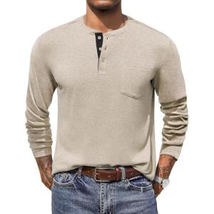 imageCOOFANDY Men Long Sleeve Henley Shirs Casual Basic T Shirts Soild Button Tees with PocketsCoffee