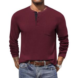 imageCOOFANDY Men Long Sleeve Henley Shirs Casual Basic T Shirts Soild Button Tees with PocketsDark Red