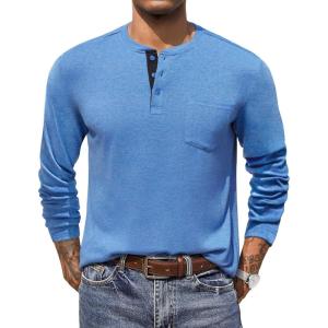imageCOOFANDY Men Long Sleeve Henley Shirs Casual Basic T Shirts Soild Button Tees with PocketsLight Blue