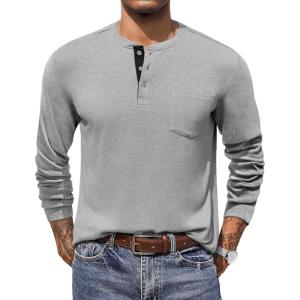 imageCOOFANDY Men Long Sleeve Henley Shirs Casual Basic T Shirts Soild Button Tees with PocketsLight Gray