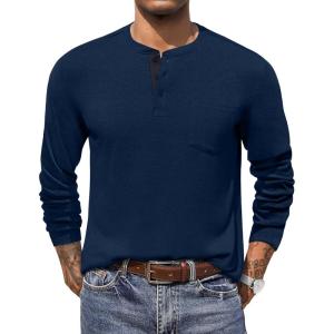 imageCOOFANDY Men Long Sleeve Henley Shirs Casual Basic T Shirts Soild Button Tees with PocketsNavy Blue