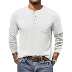 imageCOOFANDY Men Long Sleeve Henley Shirs Casual Basic T Shirts Soild Button Tees with PocketsWhite