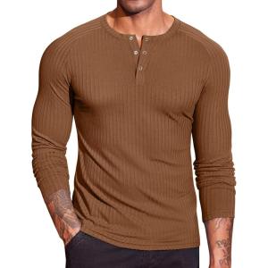 imageCOOFANDY Mens Muscle Slim Fit TShirt Long Sleeve Henley Shirts Casual Gym Workout Athletic Tee ShirtsBrown